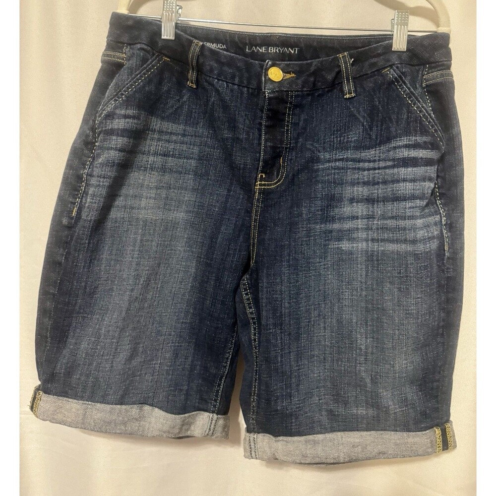 Lane Bryant Dark Blue Denim Bermuda Shorts Size 16 Cuffed Button Pockets Women